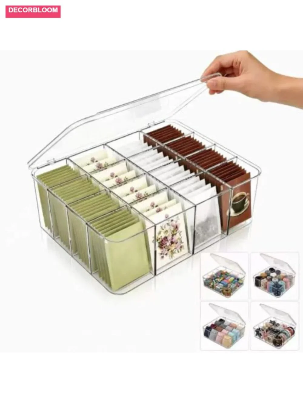 16-Compartment Acrylic Tea Bag Storage Organizer with Lid, Clear, Stackable,